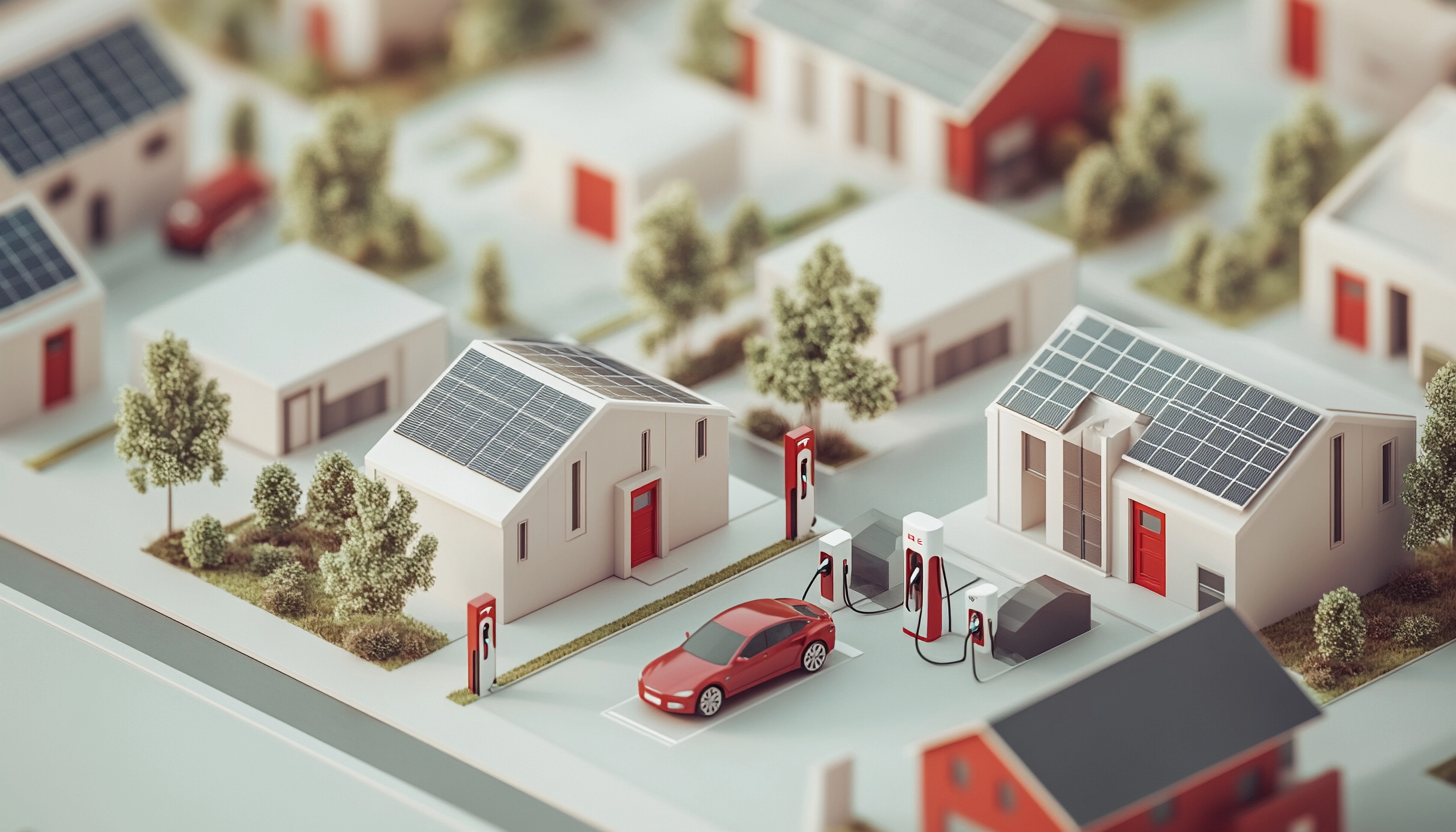 3D render of a neighbourhood full of EV cars and solar panels