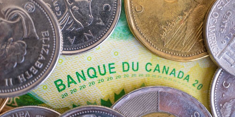 Canadian dollar coins on a Canadian bank note