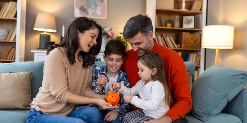 Happy family cheerful mother and father with kids smiling and putting coins into piggy bank while sitting on sofa at home (1)
