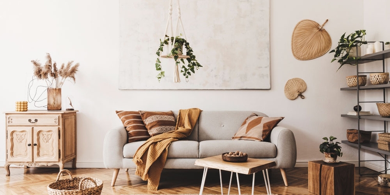 modern home interior shows a closeup of a kitchen table with a vase of eucalyptus on it