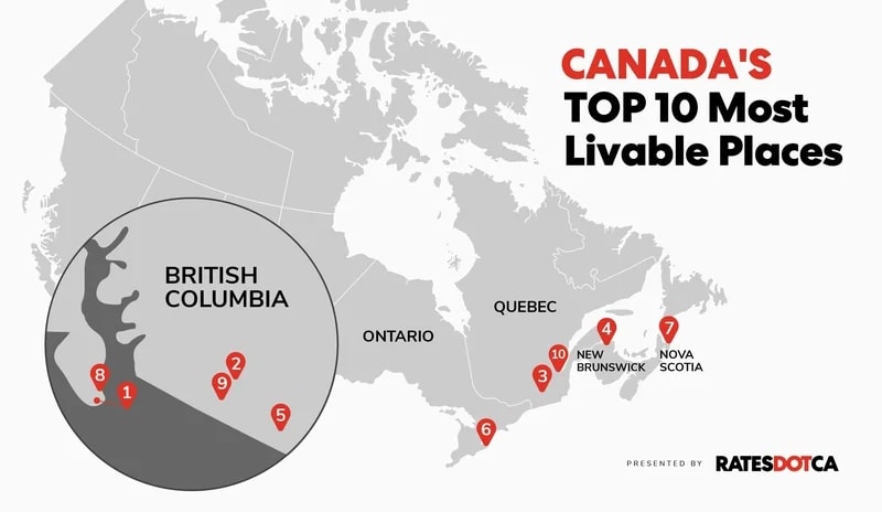 A map of the top 10 most livable places in Canada.